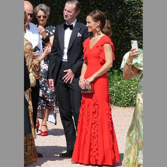 Red Coral Green Jeweled Gold Statement Earrings, ASO Pippa Middleton, NEW - Picture 2 of 5